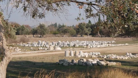 View Of Archeological Excavations Site With A Group Of Ancient Artifacts Stock Footage 195929806
