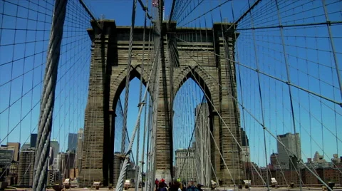 A view of the arches of Brooklyn Bridge in NYC  Stock Footage 49223579