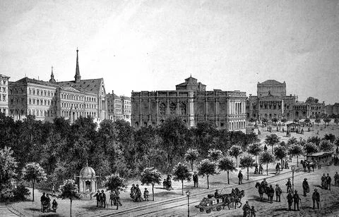 View of the area around Augustusplatz in Leipzig, Germany, in 1890, historical, Stock-Illustration