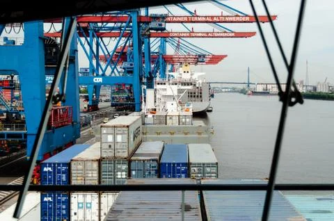 View from arge container ship at the Container Terminal Altenwerder in Hamburg Stock Photos
