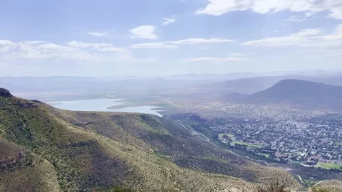 View of arid mountain landscape in Graaff-Reinet Stock Footage 332354509