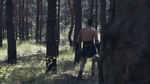 View from around the tree of a barbarian warrior with weapons walking Stock Footage 138424021