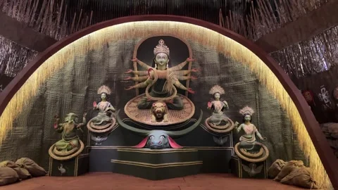 View of the artistic Durga goddess idol at a puja pandal in Kolkata Video stock 309955942