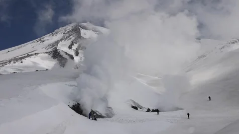 View of Asahidake Ropeway volcanic steam in snowy Japan. Video stock 343680983