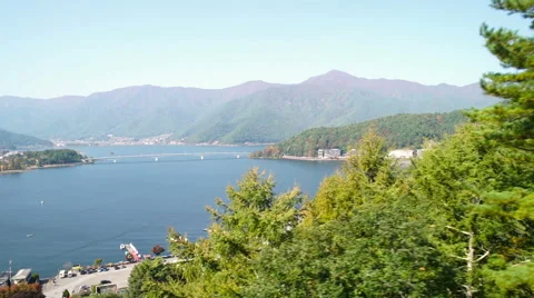 View ascending above Fuji Five Lakes Stock Footage 56883596