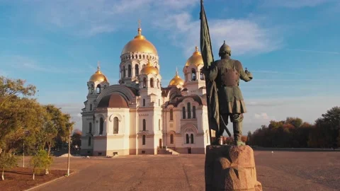 View of the Ascension Cathedral and Monument to Ermac in Novocherkassk, Russia. Stock Footage 142084809