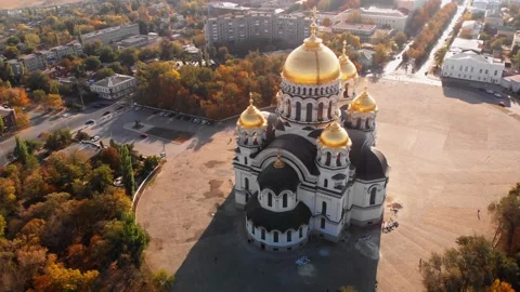 View of the Ascension Cathedral during sunset in Novocherkassk, Russia Stock Footage 142083860