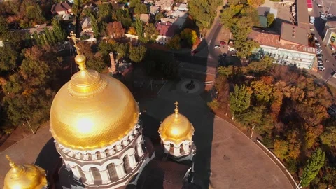 View of the Ascension Cathedral during sunset in Novocherkassk, Russia Stock Footage 142083892