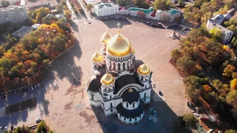 View of the Ascension Cathedral during sunset in Novocherkassk, Russia Stock Footage 142084902