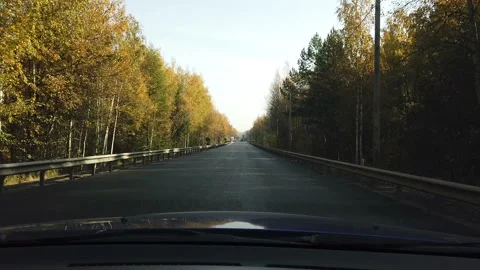 View of the asphalt highway from the front window in autumn Stock Footage 152613559