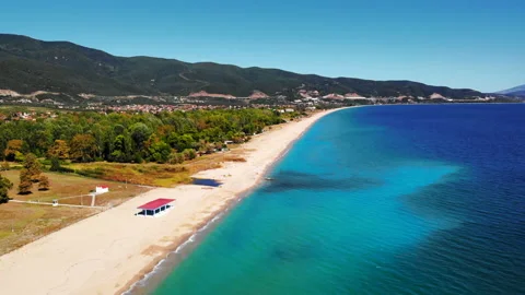 View of Asprovalta from the drone. Asprovalta and greenery, long beach along the Stock Footage 145168569