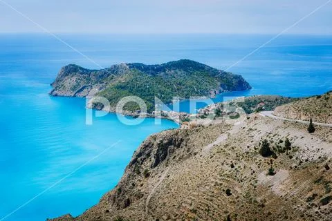 View of Assos village and beautiful blue sea bay, Kefalonia island, Greece Stock Photos