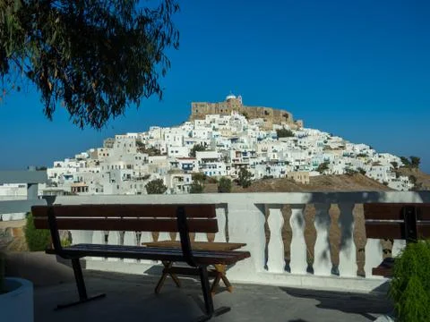 The view of Astypalaia from a bench Stock Photos