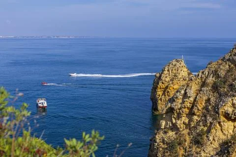 View of Atlantic ocean and cliffs on the Algarve Coast. Algarve Region, Portugal Stock Photos