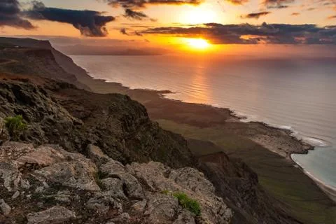 View at Atlantic ocean and La Graciosa island at sunset from El Mirador del Rio Stock Photos