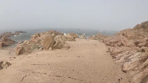 View of the Atlantic Ocean. Empty beach in Povoa de Varzim, Portugal on foggy Stock Footage 113949404