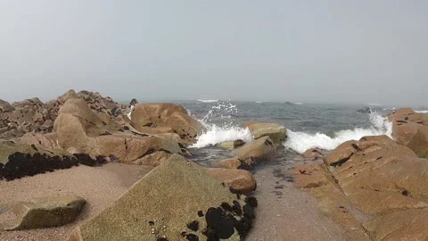 View of the Atlantic Ocean. Empty beach in Povoa de Varzim, Portugal on foggy Stock Footage 113949936
