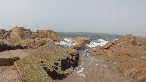 View of the Atlantic Ocean. Empty beach in Povoa de Varzim, Portugal on foggy Stock Footage 113950453