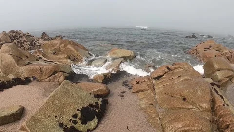 View of the Atlantic Ocean. Empty beach in Povoa de Varzim, Portugal on foggy Stock Footage 113951724