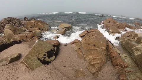 View of the Atlantic Ocean. Empty beach in Povoa de Varzim, Portugal on foggy Video stock 113952378