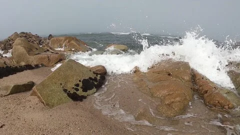 View of the Atlantic Ocean. Empty beach in Povoa de Varzim, Portugal on foggy Stock Footage 113953044