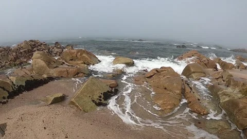 View of the Atlantic Ocean. Empty beach in Povoa de Varzim, Portugal on foggy Video stock 114078808