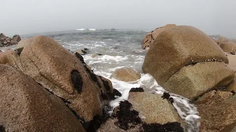 View of the Atlantic Ocean. Empty beach in Povoa de Varzim, Portugal on foggy Video stock 114080255