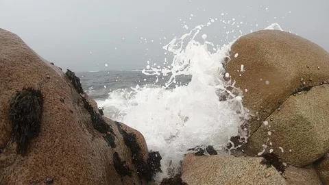 View of the Atlantic Ocean. Empty beach in Povoa de Varzim, Portugal on foggy Stock Footage 114080484