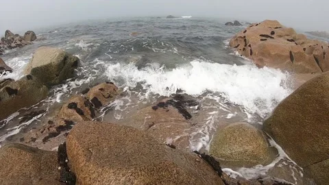 View of the Atlantic Ocean. Empty beach in Povoa de Varzim, Portugal on foggy Stock Footage 114080912