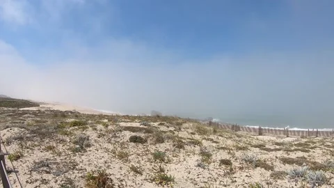 View of the Atlantic Ocean. Empty beach in Povoa de Varzim, Portugal on foggy Stock Footage 114080986