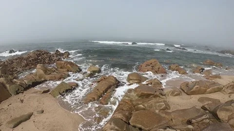 View of the Atlantic Ocean. Empty beach in Povoa de Varzim, Portugal on foggy Stock Footage 114581886