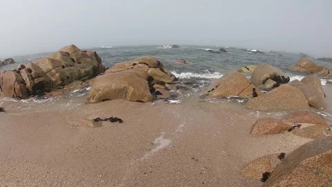 View of the Atlantic Ocean. Empty beach in Povoa de Varzim, Portugal on foggy Stock Footage 114582191
