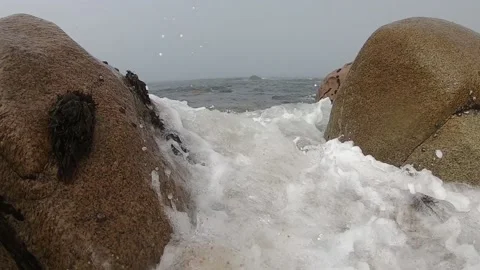 View of the Atlantic Ocean. Empty beach in Povoa de Varzim, Portugal on foggy Stock Footage 114831966