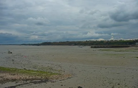 View on Atlantic ocean from sandy beach at Cancale, France Stock Photos