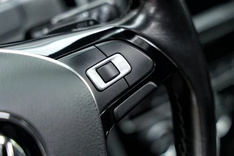 View of audio control panel on steering wheel in modern car, closeup Stock Photos