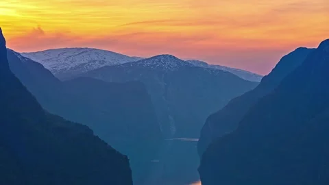 View of Aurlandsfjord at sunset, Norway. Видео 340640060
