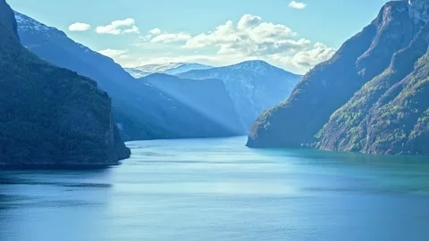 View of Aurlandsfjord surrounded by steep mountains in Norway. Stock-Footage 340639318