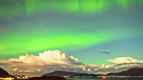View of Aurora Borealis over the landscape of Norway. Video stock 340641129