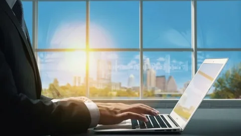 View of Austin Texas .Close up hand Businessman using laptop Stock Footage 83736121