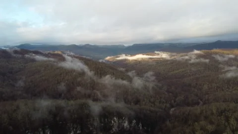 View of the autumn forest in the mountains through the clouds 스톡 동영상 247088360