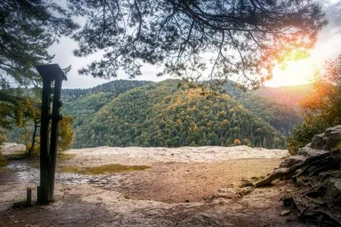 View of the autumn forests from the edge of the cliff Stock Photos