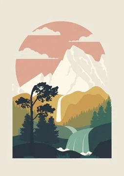 View on autumn mountains with cloudscape poster print. Aesthetic minimalist w Stock Illustration