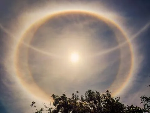 View of an awesome double circle solar halo happening over the eastern Andean Stock Photos