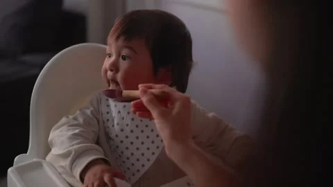 View of baby in the bib eating complementary foods through the spoon. Mother Stock Footage 244828629