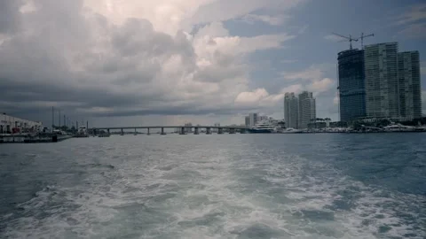 View from back of boat of the Florida Intra Coastal Waterway Miami Beach Stock Footage 259772375