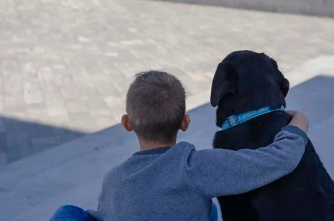 View from the back of the child sitting in one with black labrador in blue co Stock Photos