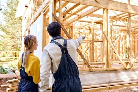 View From Back On Constructors In Working Clothes Explore Construction Stock Photos