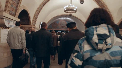 View from the back crowd of people moving in the subway Stock Footage 108687226