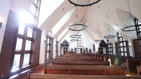 View From Back Of Empty Chapel Lens Flare Through Window Stock-Footage 167739256