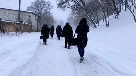 View from the back a group of people walking along a snowy road. Stock Footage 148244342